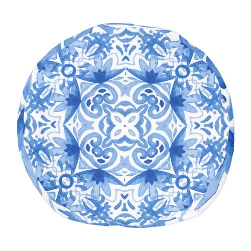 Blue white tile watercolor seamless pattern pouf