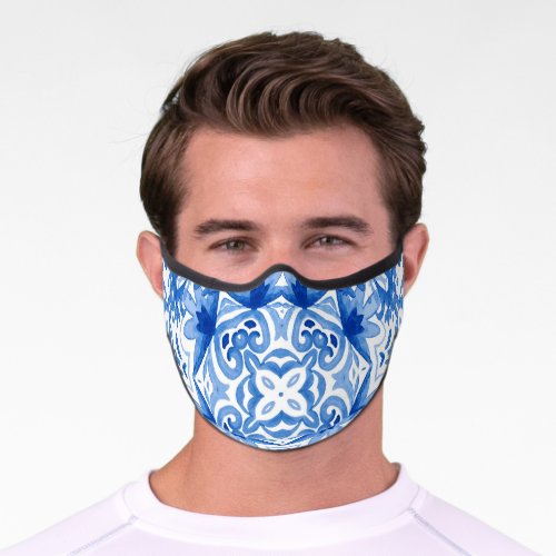 Blue white tile watercolor seamless pattern premium face mask