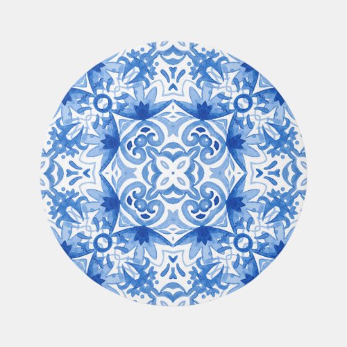 Blue white tile watercolor seamless pattern rug