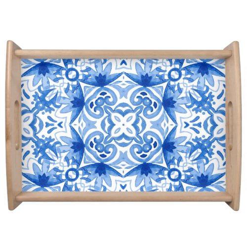 Blue white tile watercolor seamless pattern serving tray