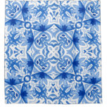 Blue white tile, watercolor seamless pattern. shower curtain