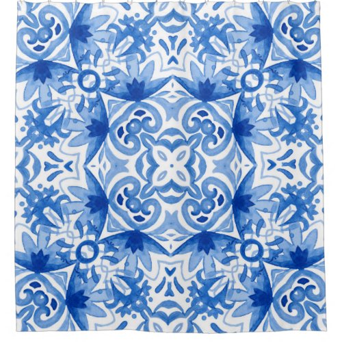 Blue white tile watercolor seamless pattern shower curtain