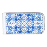 Blue white tile, watercolor seamless pattern. silver finish money clip