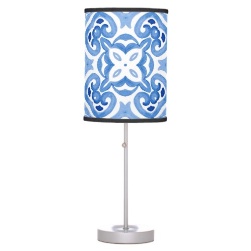Blue white tile watercolor seamless pattern table lamp