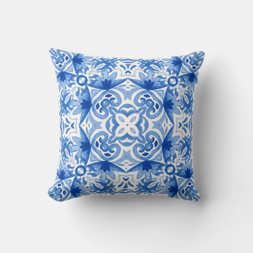 Blue white tile watercolor seamless pattern throw pillow