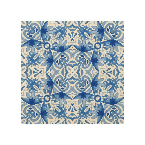 Blue white tile watercolor seamless pattern wood wall art