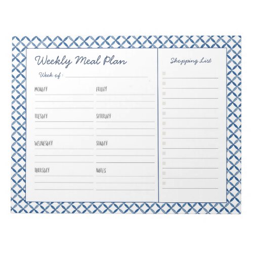 Blue  White Tile Weekly Meal Planer  Notepad