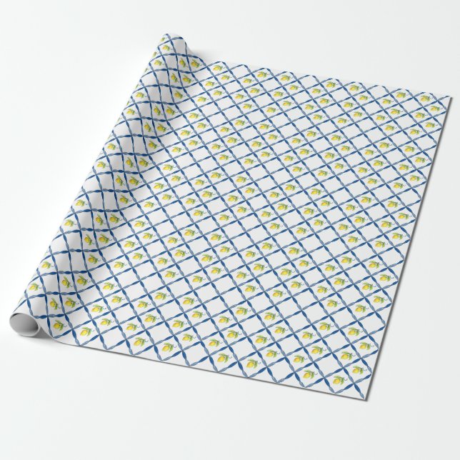 Blue & White Tile with Lemons  Wrapping Paper (Unrolled)