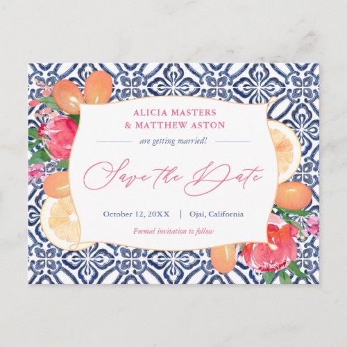 Blue White Tiles Pink Citrus Wedding Save The Date Postcard