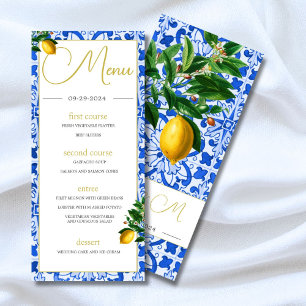 Blue White Tiles Summer Lemons Monogram Menu