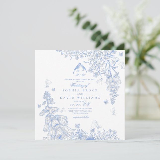 Blue White Toile Botanical Wedding  Invitation (Standing Front)
