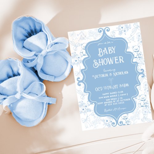 Blue White Toile Bow Bear Baby Boy Shower Invitation