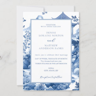 Blue & White Toile Chinoiserie Blue Pagoda Wedding Invitation