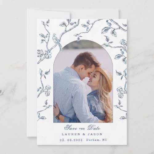 Blue  white Toile Couples Photo Save the Date  Invitation