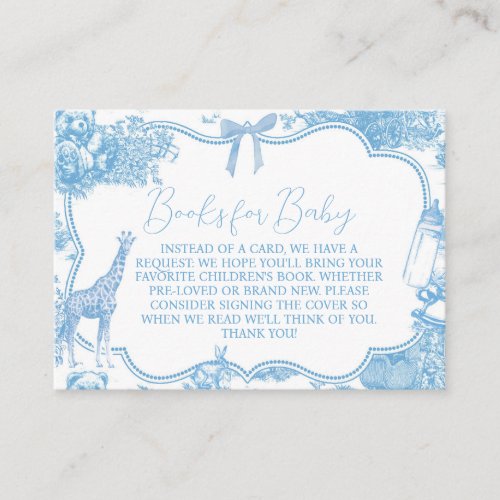 Blue White Toile de Jouy Bear Baby Shower Books Enclosure Card