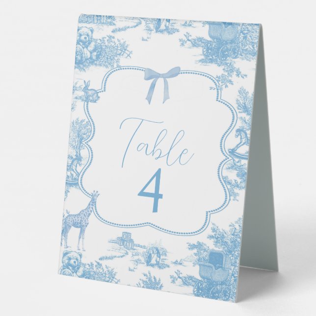 Blue White Toile de Jouy Bear Giraffe Table Number Table Tent (Back)