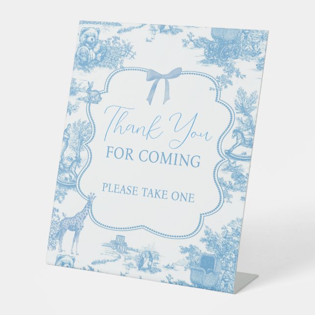 Blue White Toile de Jouy Bear Thank you Favors  Pedestal Sign (Front)