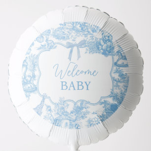 Blue White Toile de Jouy Bear Welcome Baby Shower Balloon