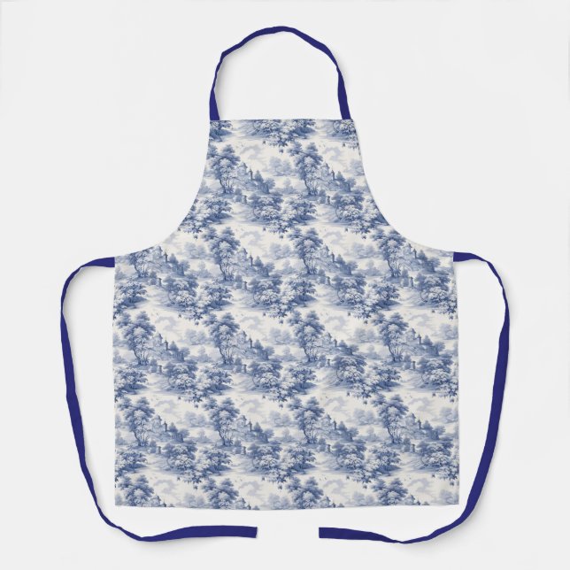 Blue White Toile Floral Country French  Apron (Front)