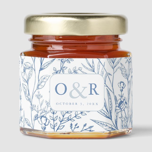 Blue & White Toile Floral Monogram Wedding Favor Honey Jar Favors (Front)