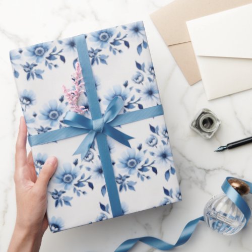 Blue White Toile Floral Wedding Baby Shower  Wrapping Paper