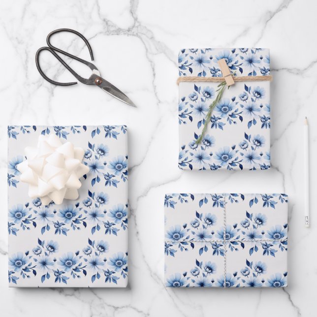Blue White Toile Floral Wedding Baby Shower  Wrapping Paper Sheets (Front)