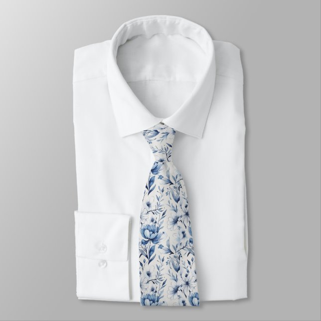 Blue White Toile Floral Wedding Groomsmen Groom Neck Tie (Tied)