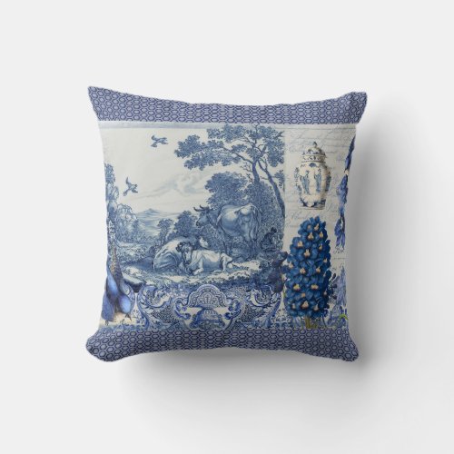 Blue White Toile Flowers n Bird Collage French Throw Pillow