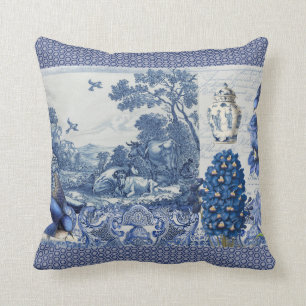 Blue White Toile Flowers n Bird Collage French Throw Pillow