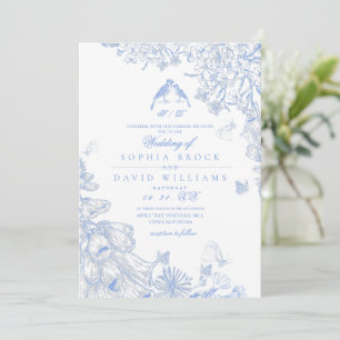 Blue White Toile French Floral Wedding Invitation