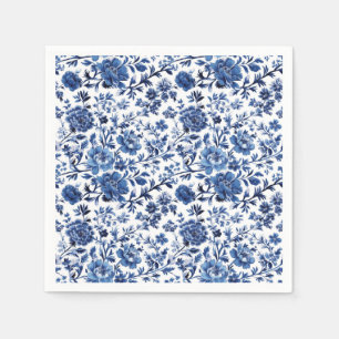 Blue White Toile Watercolor Floral Paper Napkin