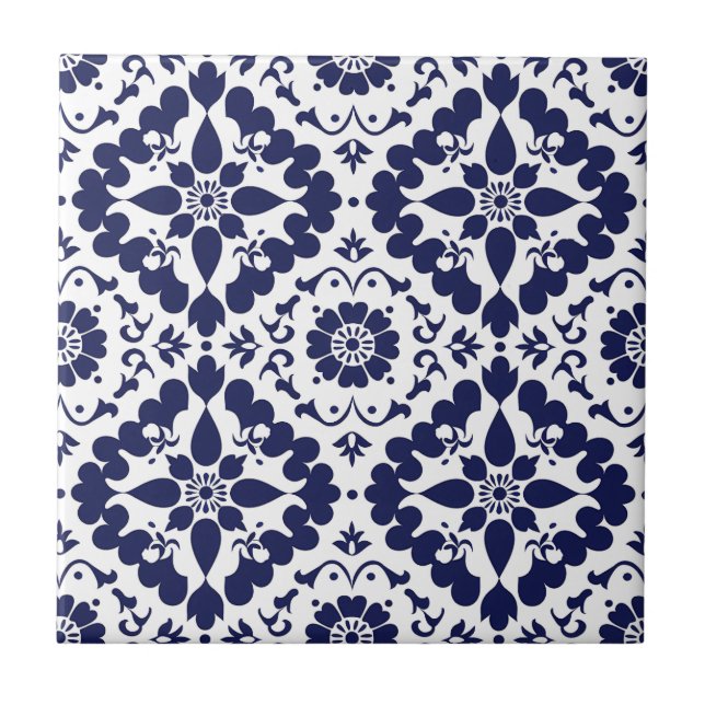 Blue White Traditional Symmetrical Simple Abstract Ceramic Tile (Front)