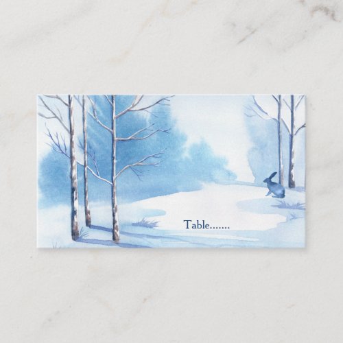 Blue White Trees Rabbit Winter Wedding Place Cards