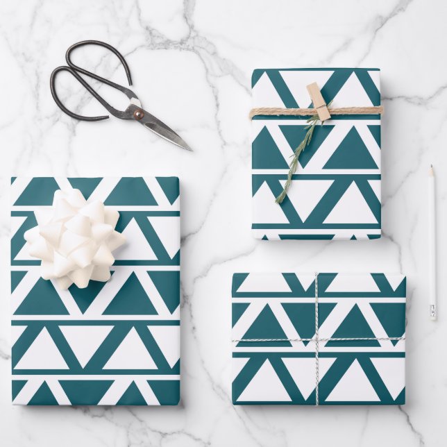 Blue White Triangle Geometric  Wrapping Paper Sheets (Front)