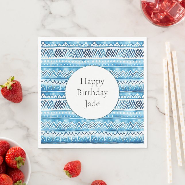 Blue White Tribal Stripes Birthday Napkins (Insitu)