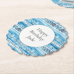 Blue White Tribal Stripes Birthday Paper Coaster