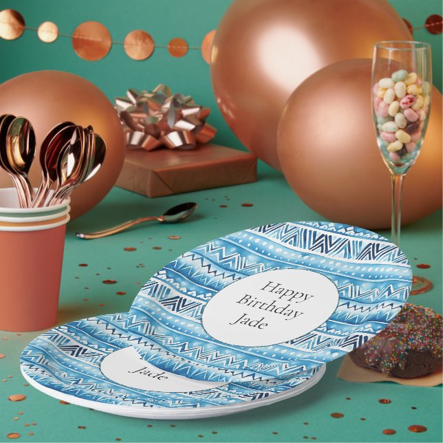 Blue White Tribal Stripes Birthday Paper Plates (Multi)