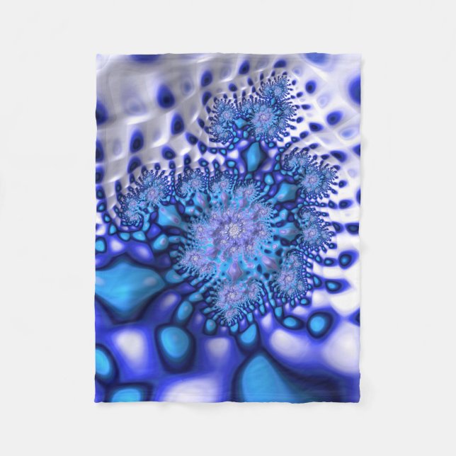 Blue & White Trippy Groovy Fine Fractal Abstract Fleece Blanket (Front)