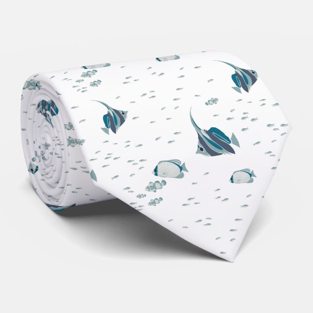 Blue White Tropical Fish Ocean Pattern Neck Tie (Rolled)