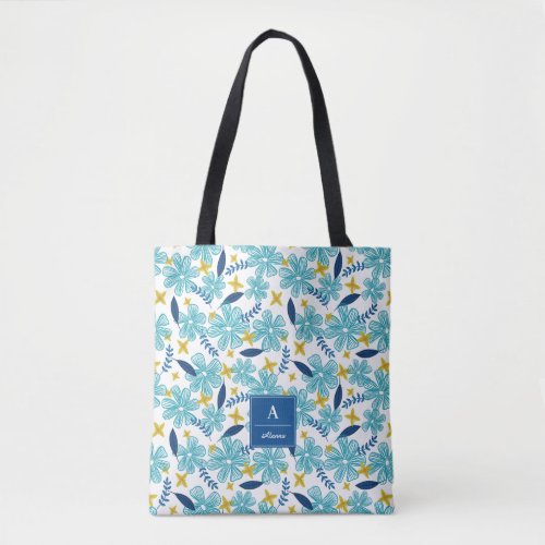 Blue White Tropical Floral Pattern _ Add Your Name Tote Bag