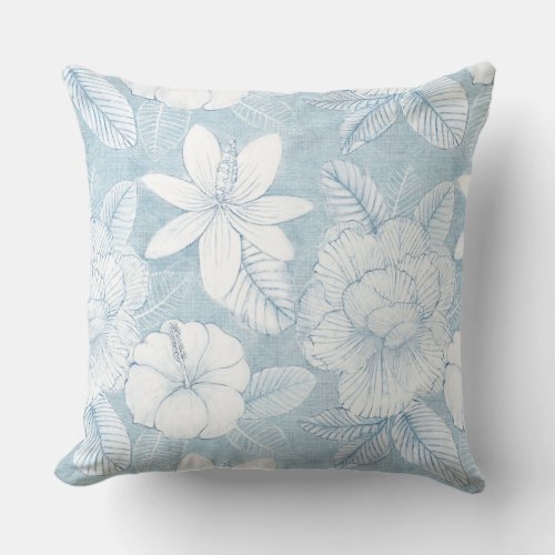 Blue  White Tropical Flower Throw Pillow