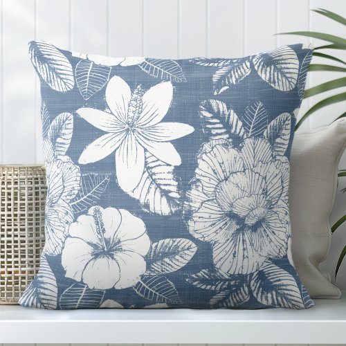 Blue  White Tropical Flower Throw Pillow