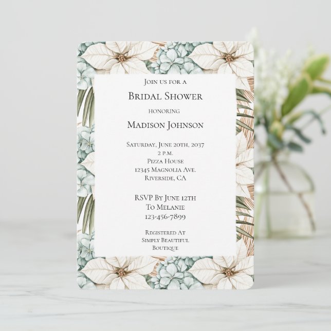 Blue White Tropical Hydrangea Floral Bridal Shower Invitation (Standing Front)