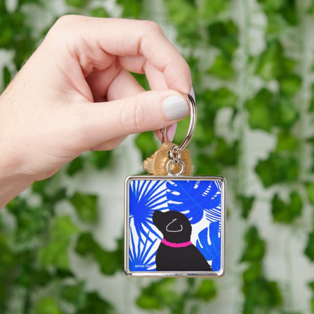 Blue White Tropical Island Black Dog Keychain (Hand)