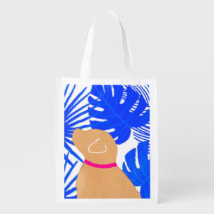 Blue White Tropical Island Yellow Dog Grocery Bag