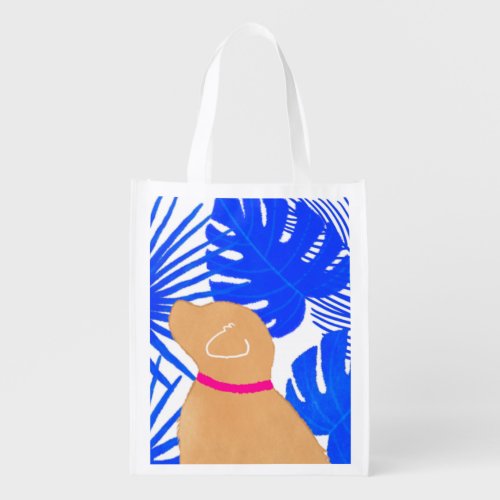Blue White Tropical Island Yellow Dog  Grocery Bag
