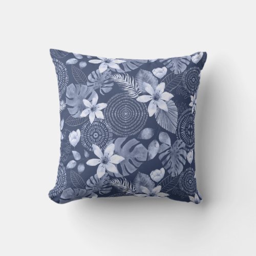 Blue  White Tropical Leaves and Flowers Outdoor Pillow