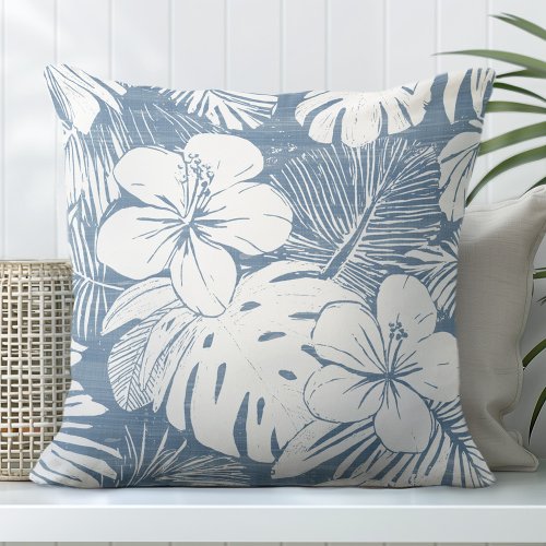 Blue  White Tropical Throw Pillow