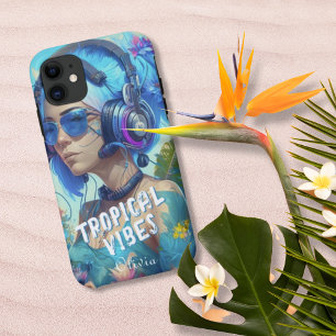 Blue White Tropical Vibes Female DJ Ilustration iPhone 11 Case