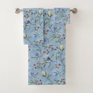 Blue & White Tulips Anemones Pattern  Bath Towel Set